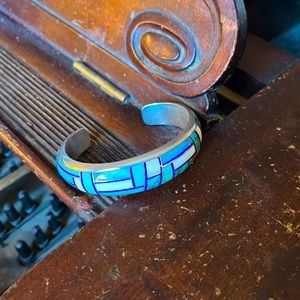 Vintage Native American Navajo Aaron Toadlena Turquoise Silver Inlay Bracelet